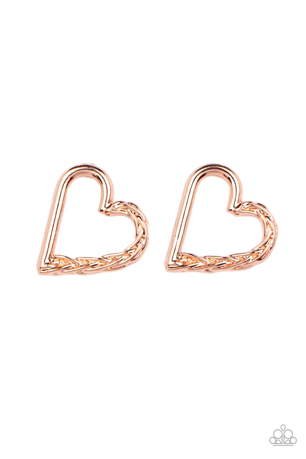 Cupid Who? - Copper Heart Earrings - Paparazzi Accessories one side of a shiny copper heart frame is subtlety twisted with twinkly texture, creating a romantic display. Earring attaches to a standard post fitting. Sold as one pair of post earrings.  Paparazzi Jewelry is lead and nickel free so it's perfect for sensitive skin too!