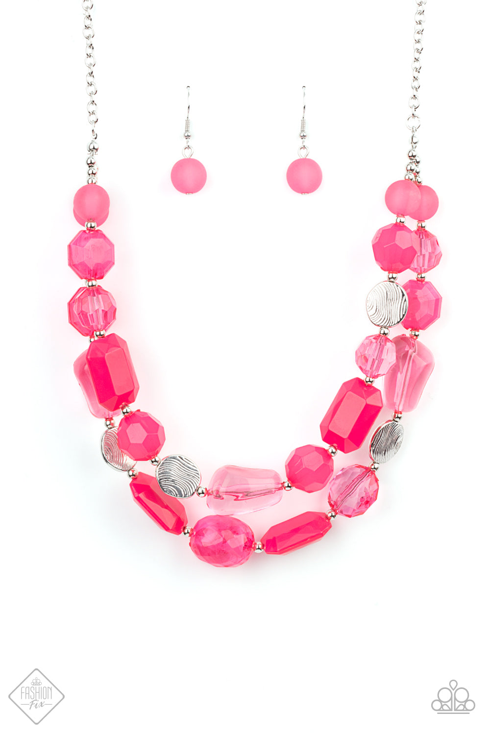 Oceanic Opulence - Pink Necklace varying in shape and opacity, a vibrant collection of faceted and smooth Raspberry Sorbet beads join textured silver discs and dainty silver beads along two thin wires, layering into a flamboyant pop of color below the collar. Features an adjustable clasp closure. Sold as one individual necklace. Includes one pair of matching earrings.