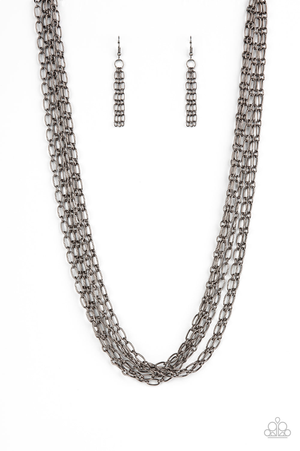 Paparazzi Accessories - Dynamite Dynamo - Black Chain Necklaces layer after layer of edgy gunmetal chains drape across the chest, creating an intense industrial display. Features an adjustable clasp closure.  Sold as one individual necklace. Includes one pair of matching earrings.