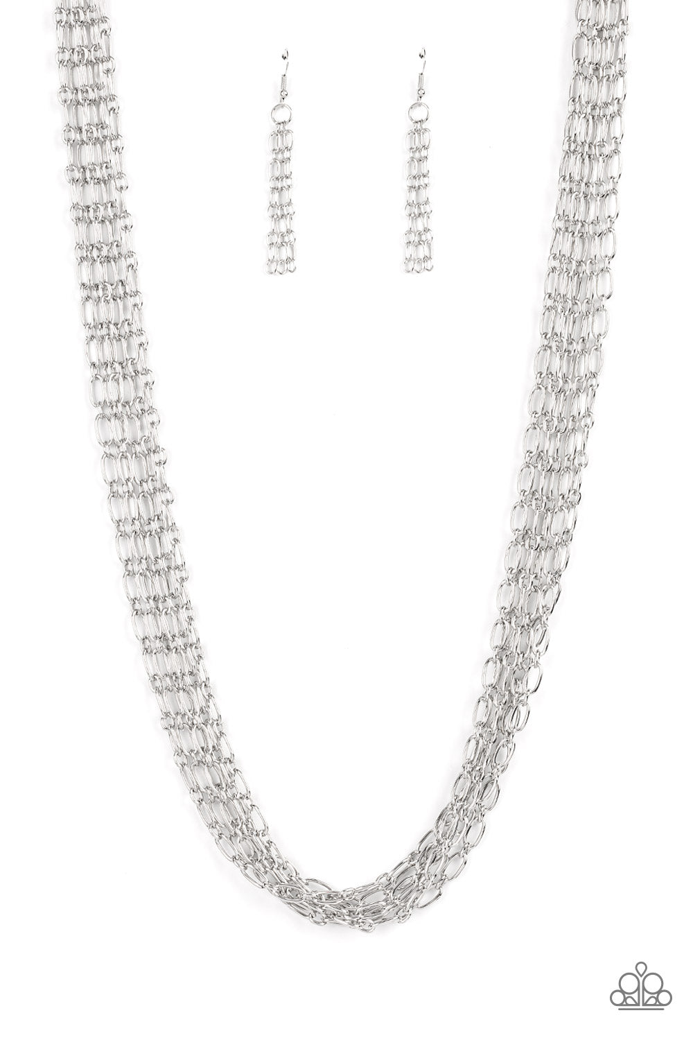 Paparazzi Accessories - Dynamite Dynamo - Silver Necklaces layer after layer of edgy silver chains drape across the chest, creating an intense industrial display. Features an adjustable clasp closure.  Sold as one individual necklace. Includes one pair of matching earrings.