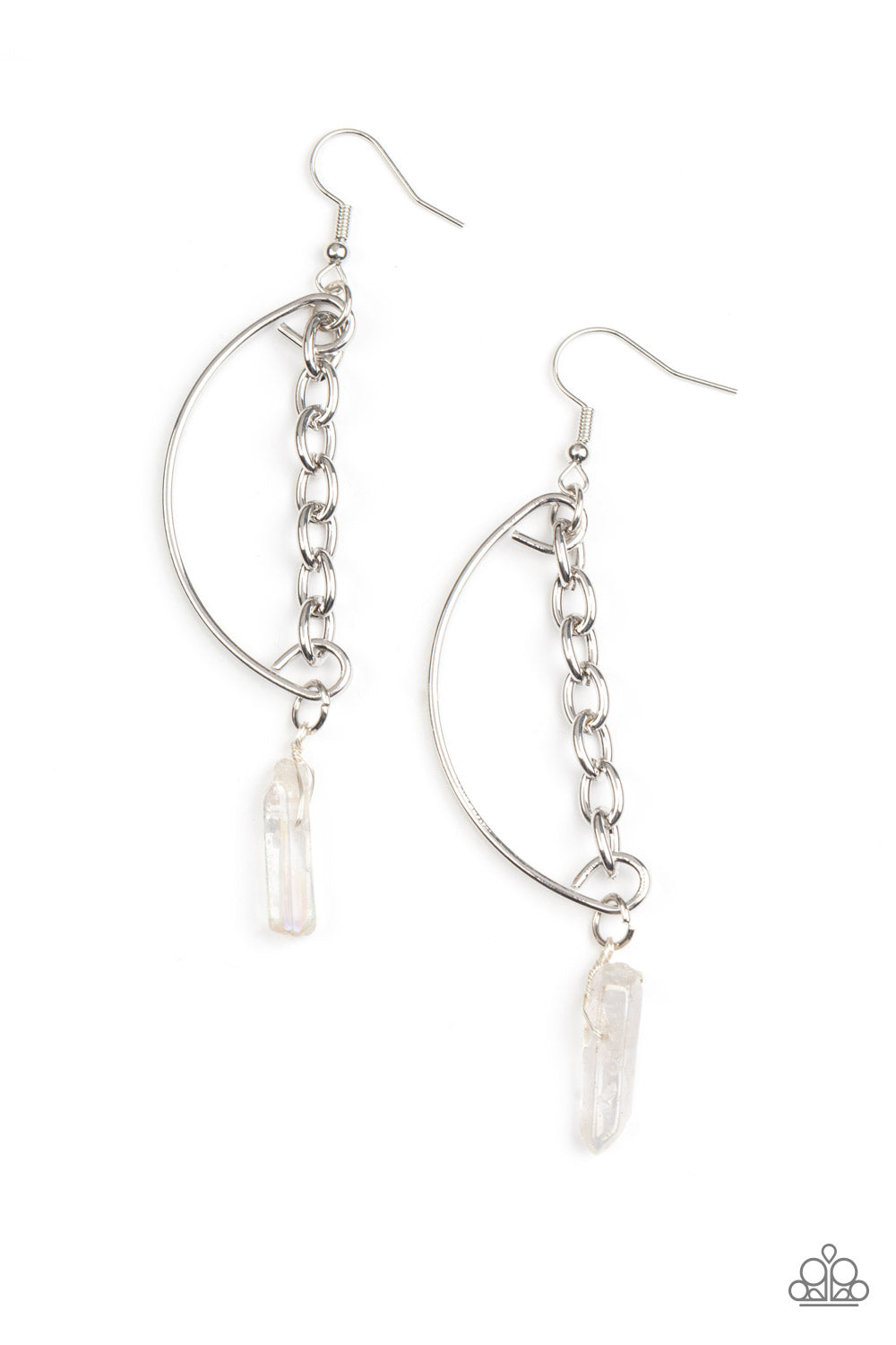 Yin to My Yang - White Iridescent Bead Earrings - PaparazziAccessories featuring an iridescent finish, a glassy crystal-like bead swings from the bottom of a solitaire silver chain that attaches to a bowing silver bar for an edgy look. Earring attaches to a standard fishhook fitting. As the stone elements in this piece are natural, some color variation is normal.  Sold as one pair of earrings.