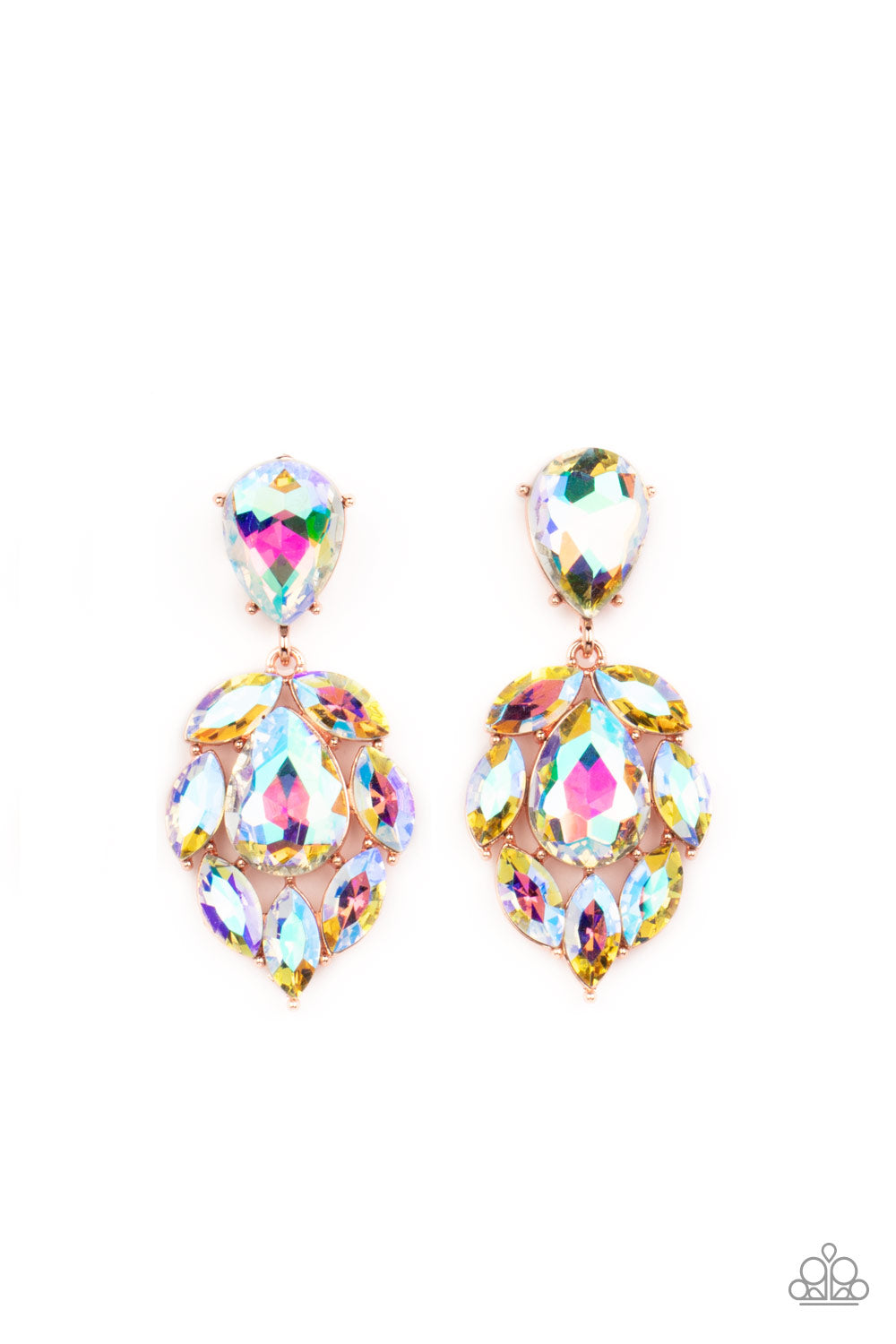 Galactic Go- Getter - Multi Iridescent Earrings Stvtellar collection of marquise cut iridescent rhinestones nestle around an oversized teardrop iridescent rhinestone, creating a dramatically stellar display at the bottom of a matching iridescent teardrop rhinestone. Earring attaches to a standard post fitting.  Sold as one pair of post earrings.