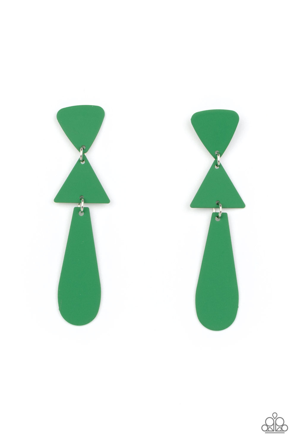 Retro Redux - Green Lure Earrings featuring a matte Leprechaun finish, two triangles and an oval frame delicately links into a colorfully retro lure. Earring attaches to a standard post fitting. Sold as one pair of post earrings.