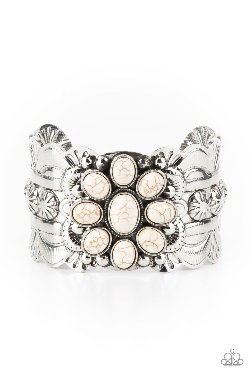 Southern Eden - White Stone Cuff Bracelets earthy white stones adorn the center of a substantial silver cuff that is studded and embossed in scalloped and sunburst accents, creating a floral centerpiece around the wrist. Sold as one individual bracelet.