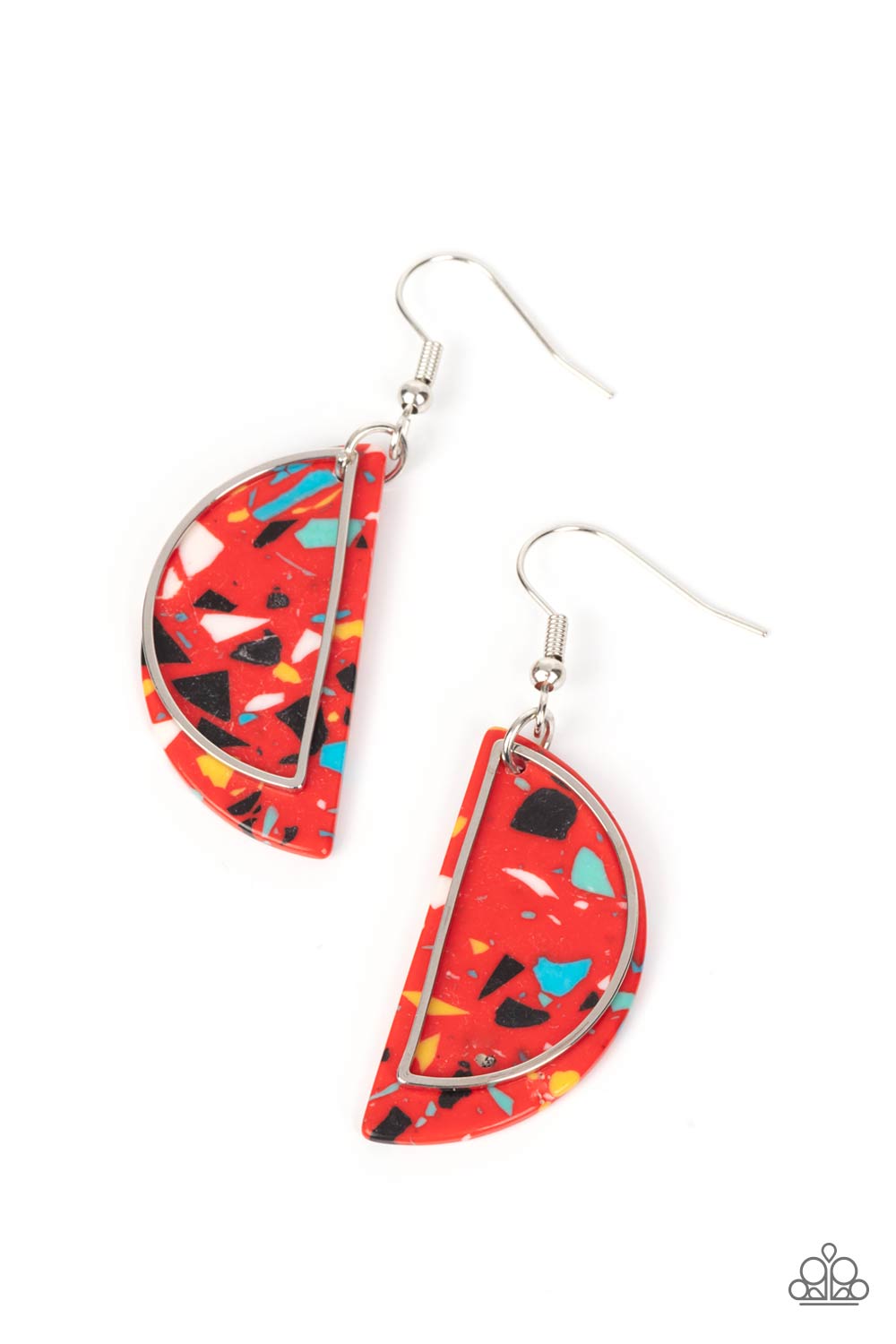 Paparazzi Accessories - Flashdance Fashionista - Red Earrings a faux stone semicircle disc, flecked with red and multicolored terrazzo accents, is outlined with a dainty silver half-moon frame swaying in front for a flashy fad-inspired fashion. Earring attaches to a standard fishhook fitting. Sold as one pair of earrings.
