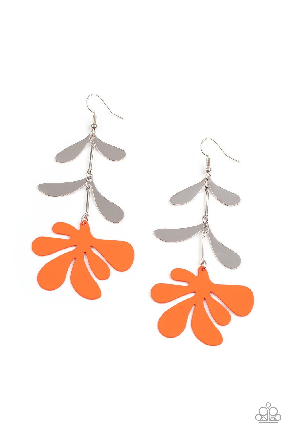 Palm Beach Bonanza - Orange Earrings painted in a lively matte orange, a fun metal palm leaf cut-out sways below two fanciful silver leaves separated by simple silver rods for a whimsical lure. Earring attaches to a standard fishhook fitting. Sold as one pair of earrings.