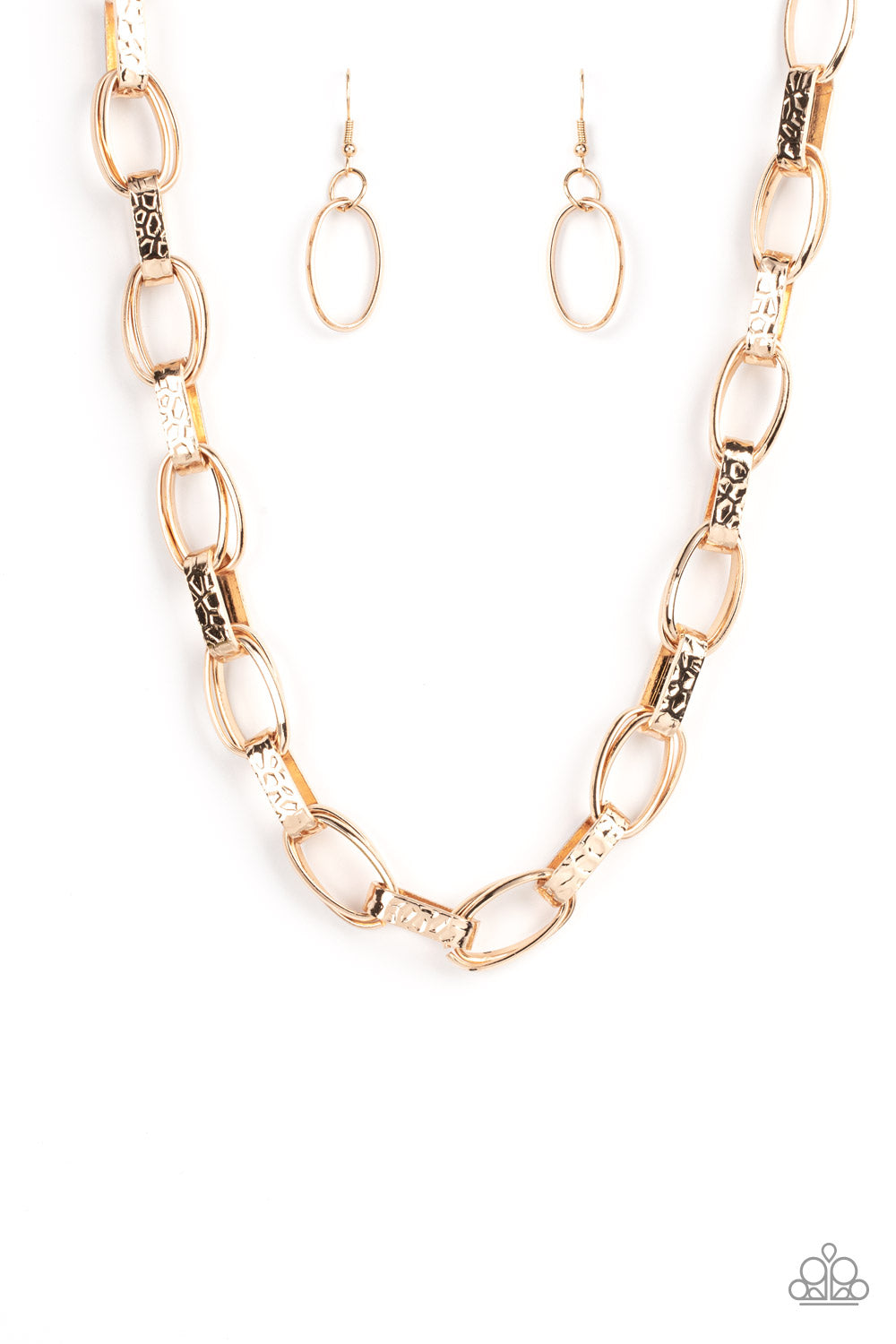Motley in Motion - Gold Link Necklaces wide hammered gold links alternate with double sets of shiny gold links as they connect across the collar for an edgy industrial effect. Features an adjustable clasp closure. Sold as one individual necklace. Includes one pair of matching earrings.