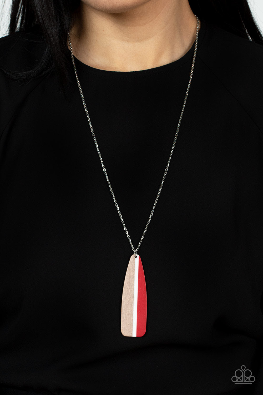 Grab a Paddle - Red Wood Necklaces featuring a classic linear design of red, white, and natural wood, a whimsical paddle creates a splashing pendant at the bottom of a lengthened dainty silver chain. Features an adjustable clasp closure. Sold as one individual necklace. Includes one pair of matching earrings.