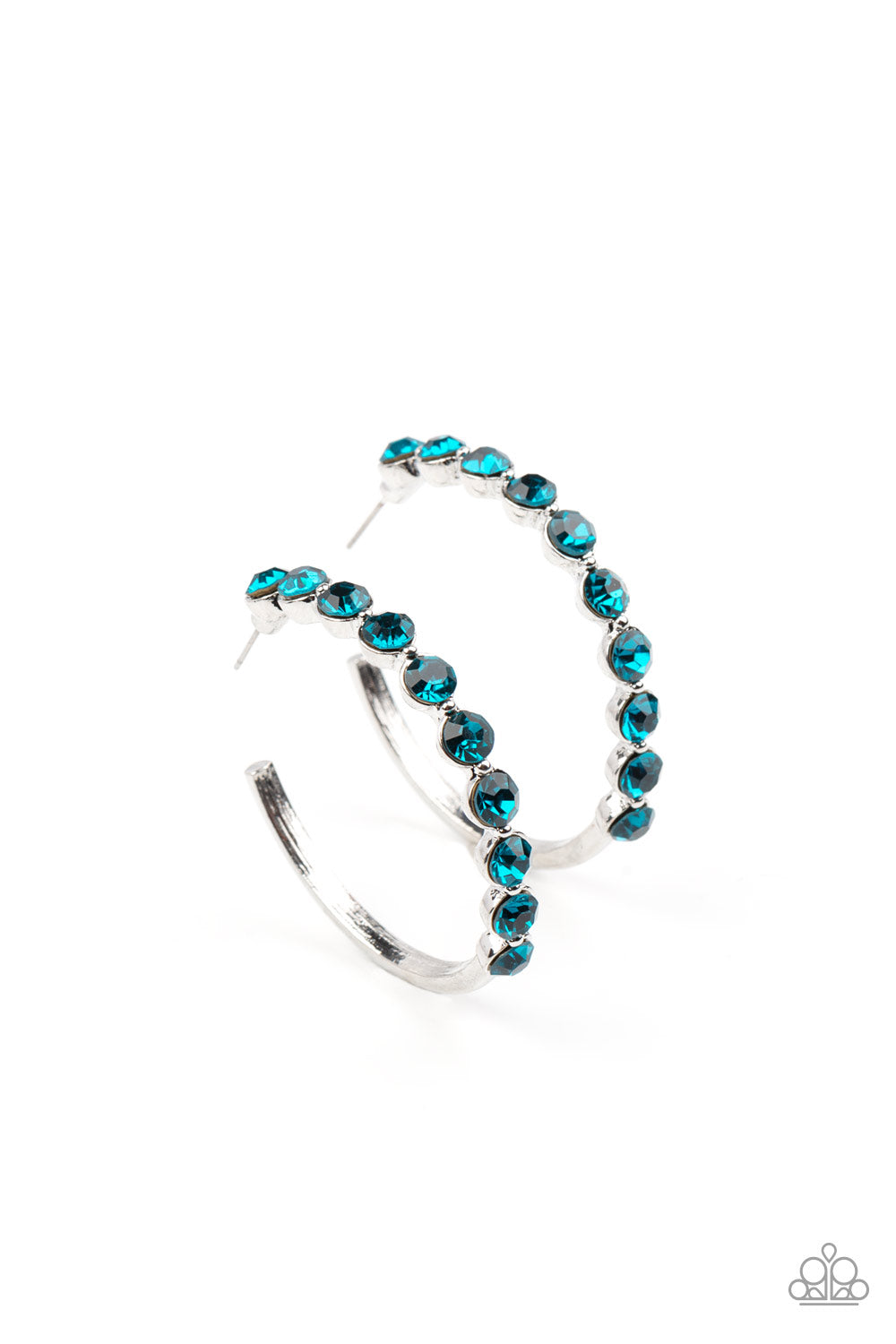 Photo Finish - Blue Rhinestone Earrings the front of a bold silver hoop is encrusted in glittery blue rhinestones, creating a glamorous pop of sparkle. Earring attaches to a standard post fitting. Hoop measures approximately 1 3/4" in diameter.  Sold as one pair of hoop earrings.  Order 2/21/22
