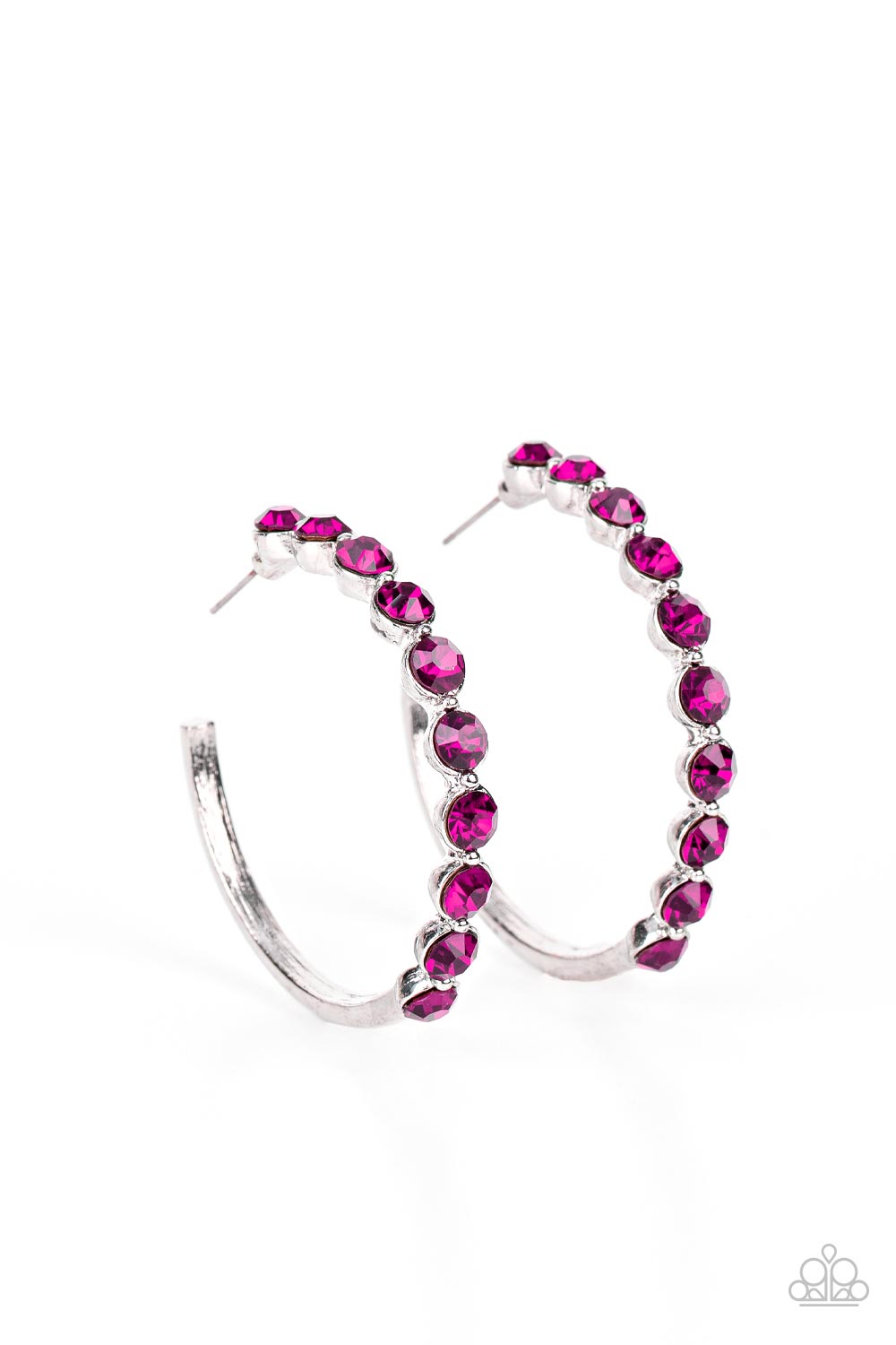 Photo Finish - Pink Rhinestone Hoop Earrings the front of a bold silver hoop is encrusted in flamboyant Fuchsia Fedora rhinestones, creating a glamorous pop of sparkle. Earring attaches to a standard post fitting. Hoop measures approximately 1 3/4" in diameter.  Sold as one pair of hoop earrings.