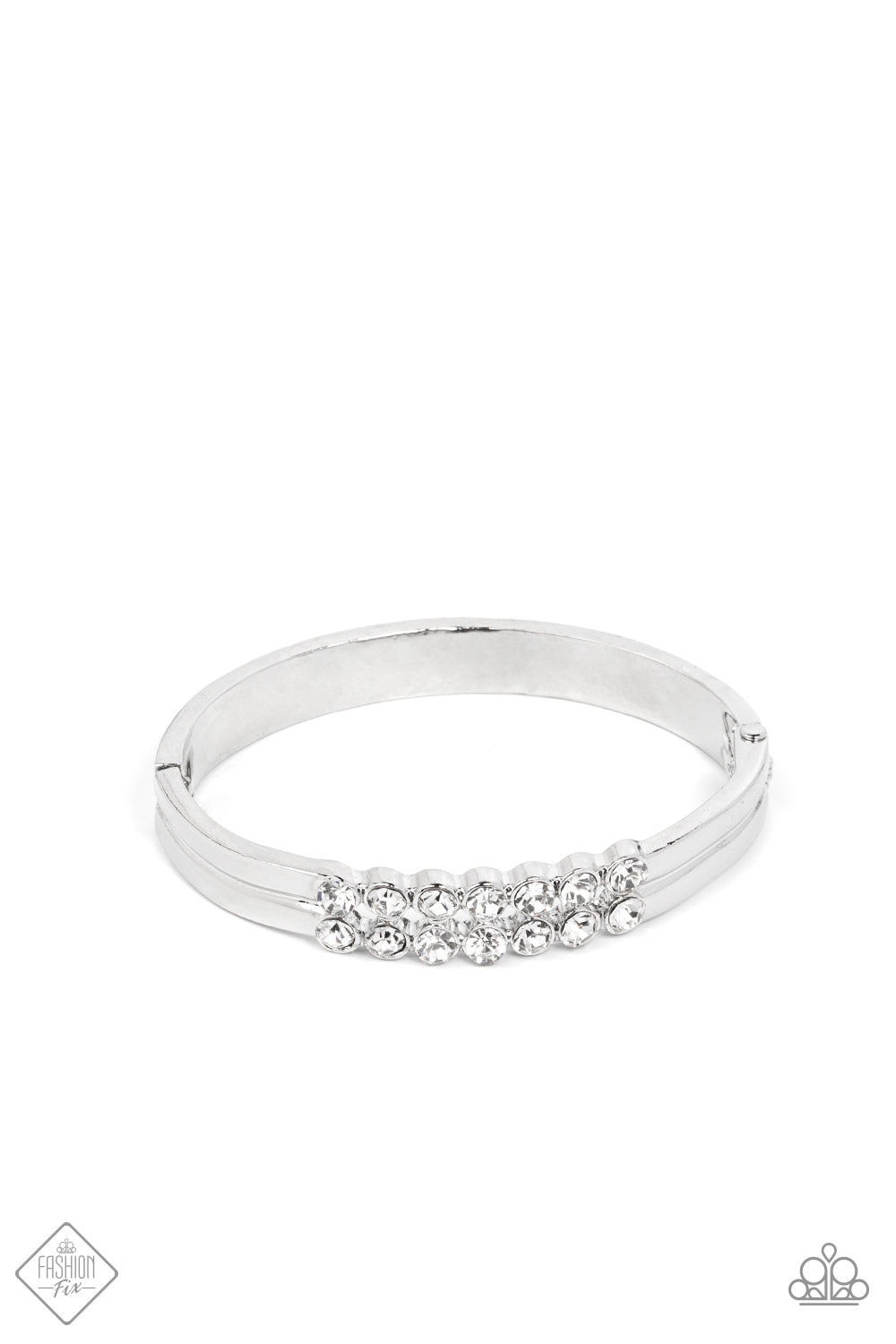 Doubled Down Dazzle - White Rhinestone Bracelets tacked layers of brilliant white rhinestones give way to double layers of sleek silver frames that feature a subtle wave, creating a dramatically modern design around the wrist. Features a hinged closure. Sold as one individual bracelet.