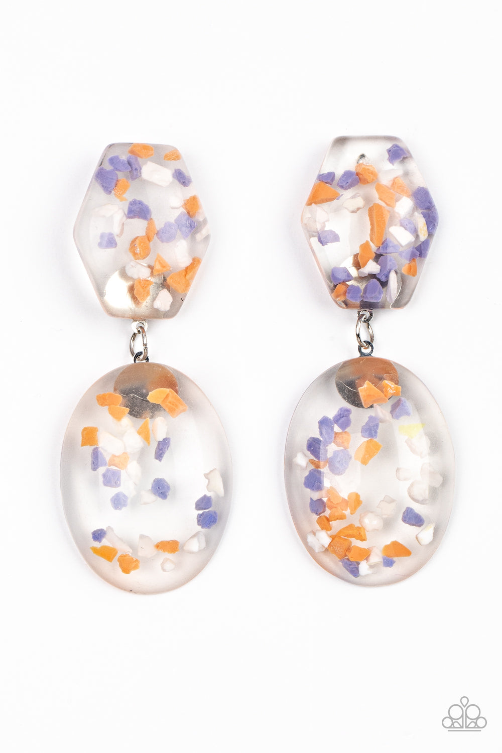 Paparazzi Accessories Flaky Fashion -Orange Earrings featuring multicolored confetti-like flakes, a clear acrylic oval frame swings from the bottom of a matching hexagonal frame, creating a bubbly lure. Earring attaches to a standard post fitting.  Sold as one pair of post earrings.  Paparazzi Jewelry is lead and nickel free so it's perfect for sensitive skin too!