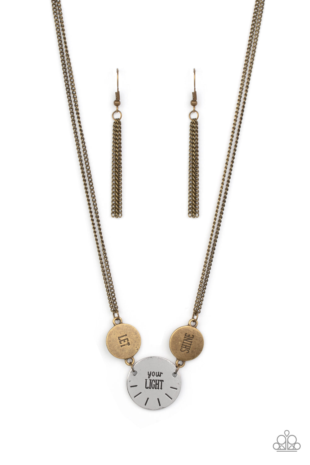 Paparazzi Accessories - Shine Your Light - Brass Necklaces individually stamped in "Let," "Your Light," Shine," a pair of rustic brass discs links with a single silver disc, combining into an inspirational phrase below the collar. Features an adjustable clasp closure. Sold as one individual necklace. Includes one pair of matching earrings.