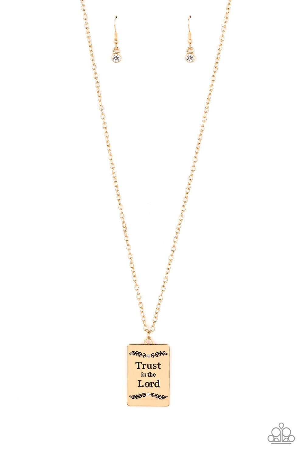 Paparazzi Accessories - All About Trust - Gold Necklaces bordered in leafy patterns and dainty white rhinestones, the center of a gold rectangular frame is stamped in the phrase, "Trust in the Lord," for an inspiring finish. Features an adjustable clasp closure.  Sold as one individual necklace. Includes one pair of matching earrings.