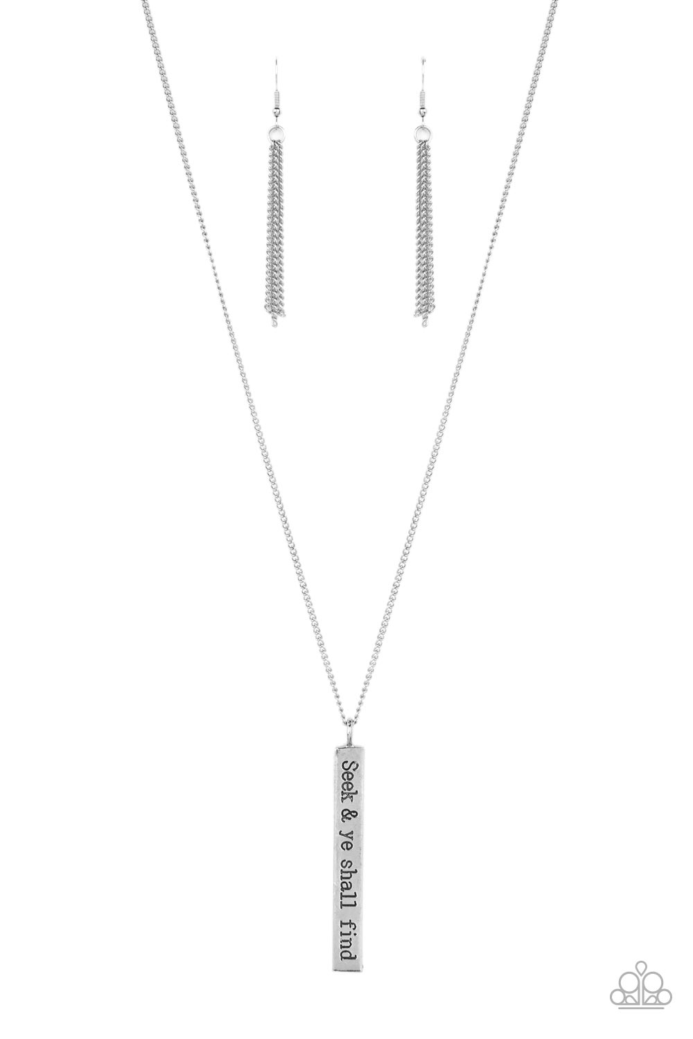 Paparazzi Accessories - Matt 7:7 - Silver Inspirational Necklaces a flattened rectangular pendant is stamped in the biblical phrase, "Seek & ye shall find. Matt7:7," creating an inspirational sight at the bottom of an extended silver chain. Features an adjustable clasp closure.  Sold as one individual necklace. Includes one pair of matching earrings.