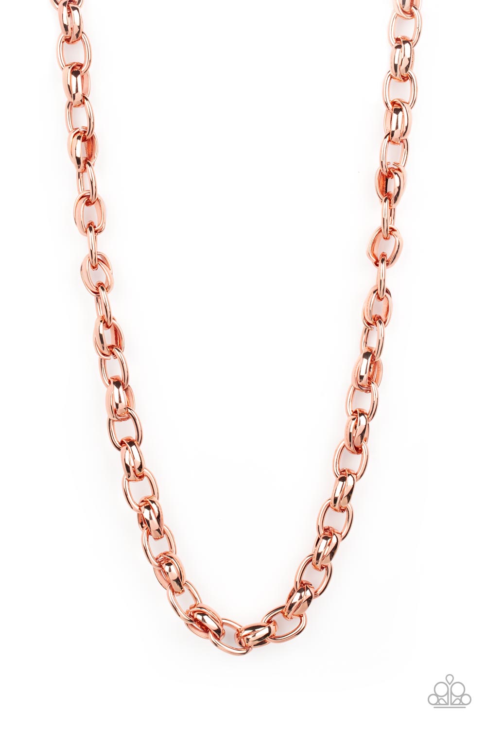 Rookie of the Year - Copper Link Necklaces a chunky collection of bold shiny copper links interlock across the chest, creating an intense industrial centerpiece. Features an adjustable clasp closure. Sold as one individual necklace.