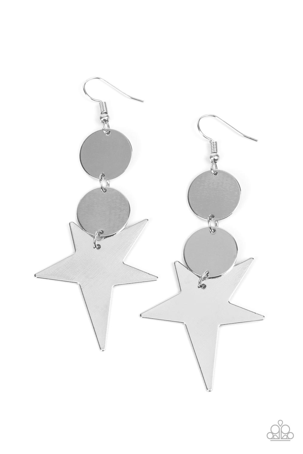 Star Bizzare - Silver Earrings an asymmetrical silver star radiates from two linked flat silver discs, resulting in a stellar lure. Earring attaches to a standard fishhook fitting. Sold as one pair of earrings.