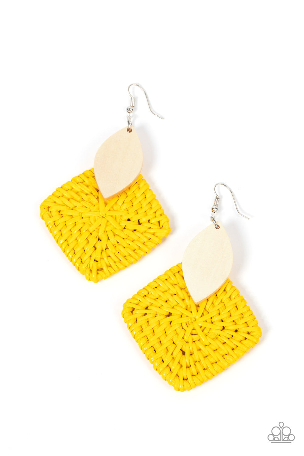 Paparazzi Sabbatical WEAVE - Yellow Wood Earrings leaf shaped white wooden frame delicately overlaps with an intricately woven Illuminating wicker-like frame, creating a sunny pop of color. Earring attaches to a standard fishhook fitting.  Sold as one pair of earrings.