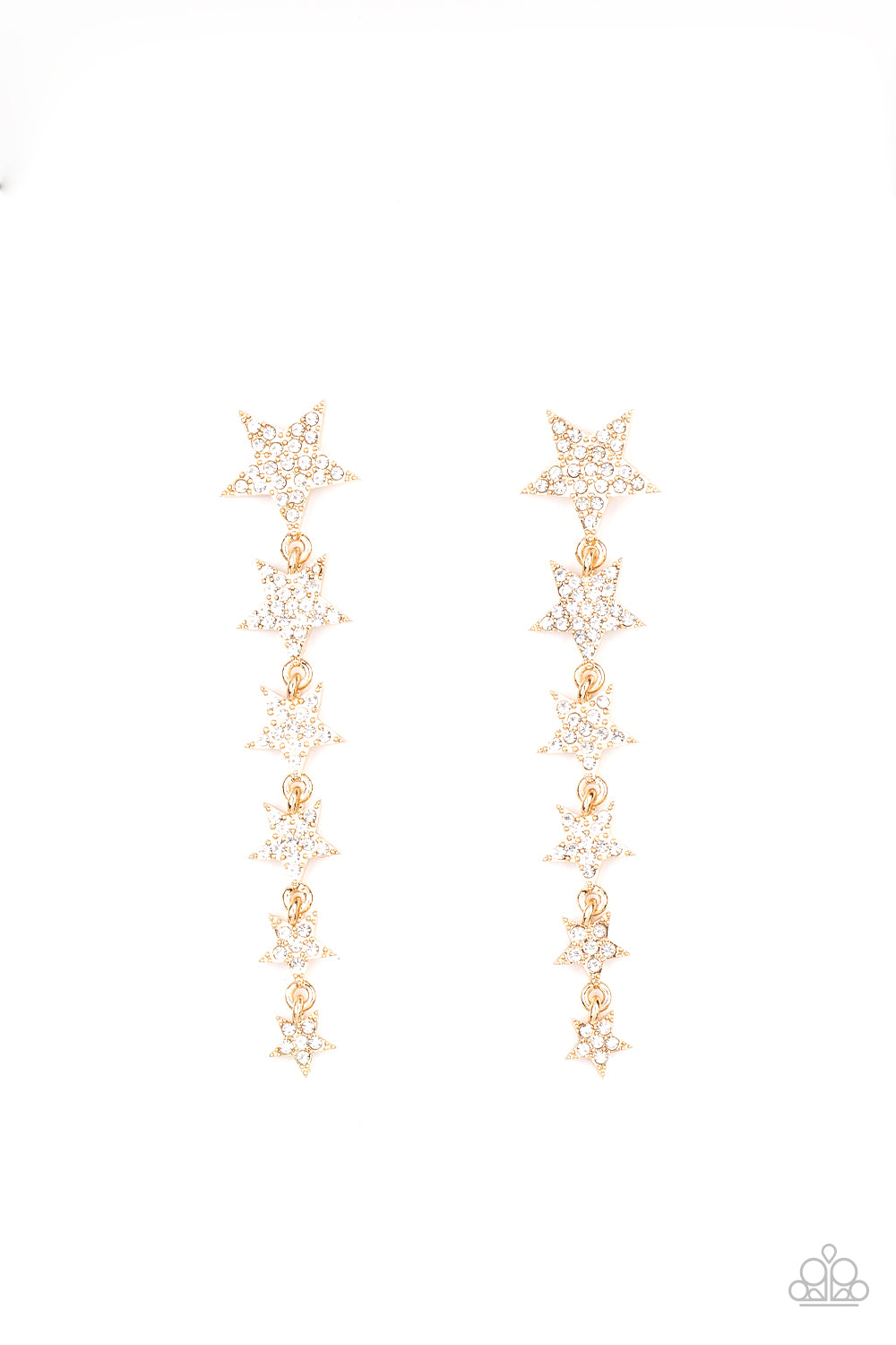 Paparazzi Accessories - Americana Attitud - Gold Star Earrings dotted with dainty white rhinestones, a stellar collection of gold stars graduate in size as they cascade from the ear for an out-of-this-world fashion. Earring attaches to a standard post fitting.  Sold as one pair of post earrings.