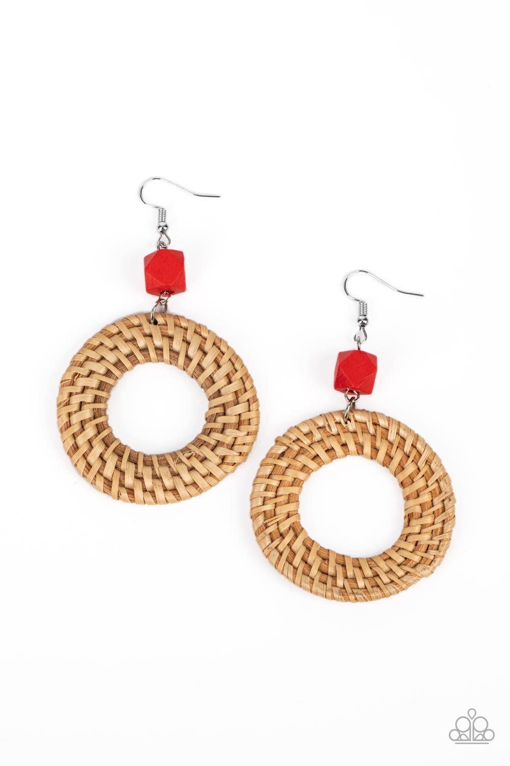 Paparazzi Accessories - Wildly Wicker - Red Earrings a wicker-like hoop swings from the bottom of a faceted red wooden bead, adding an earthy twist to the trendy homespun trinket. Earring attaches to a standard fishhook fitting.  Featured inside The Preview at GLOW! Sold as one pair of earrings.