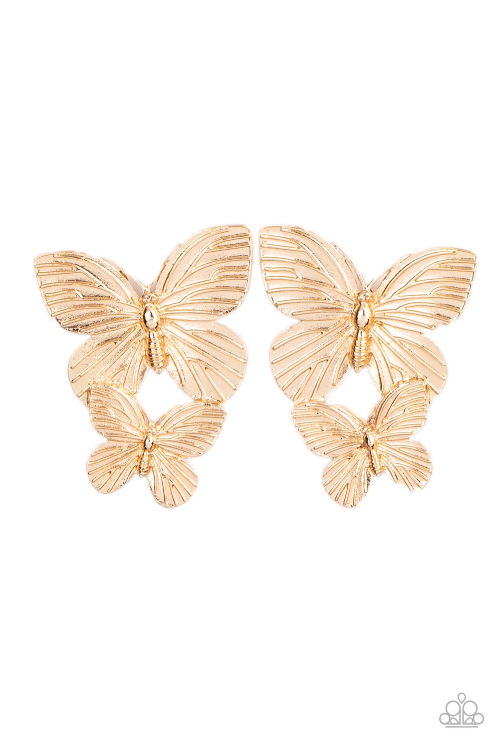 Blushing Butterflies - Gold Textured Earrings Veined with lifelike textures, a pair of golden butterflies flutters from the ear for a whimsical fashion. Earring attaches to a standard post fitting.  Sold as one pair of post earrings.