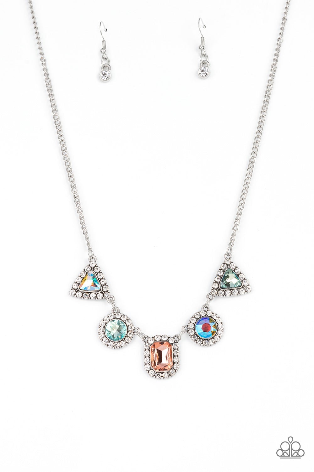 Posh Party Avenue - Multi Rhinestone LOP Necklace featuring triangular, round, and emerald style cuts, an iridescent collection of multicolored rhinestones are bordered in glassy white rhinestones as they delicately link below the collar for a sparkly statement. Features an adjustable clasp closure. Sold as one individual necklace. Includes one pair of matching earrings.