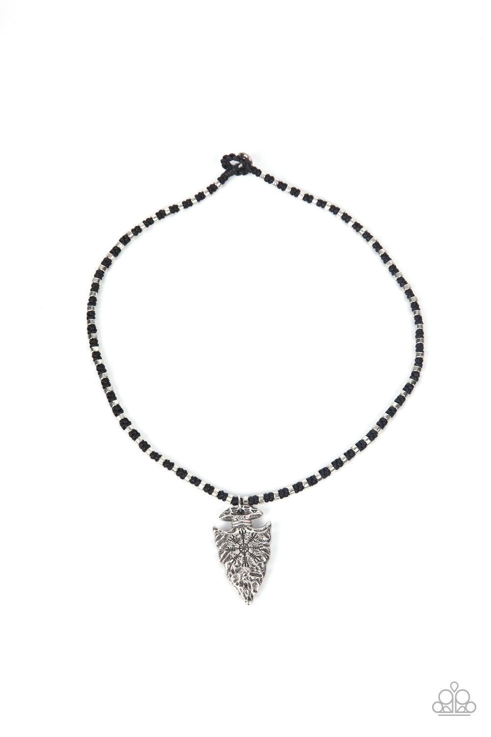 Get Your ARROWHEAD in the Game - Black Arrow Urban Necklaces dainty silver accents are knotted in place along a braided black cord below the collar. Stamped and hammered in tribal inspired patterns, a rustic silver arrowhead pendant swings from the earthy display for an authentic finish. Features a button loop closure. Sold as one individual necklace.