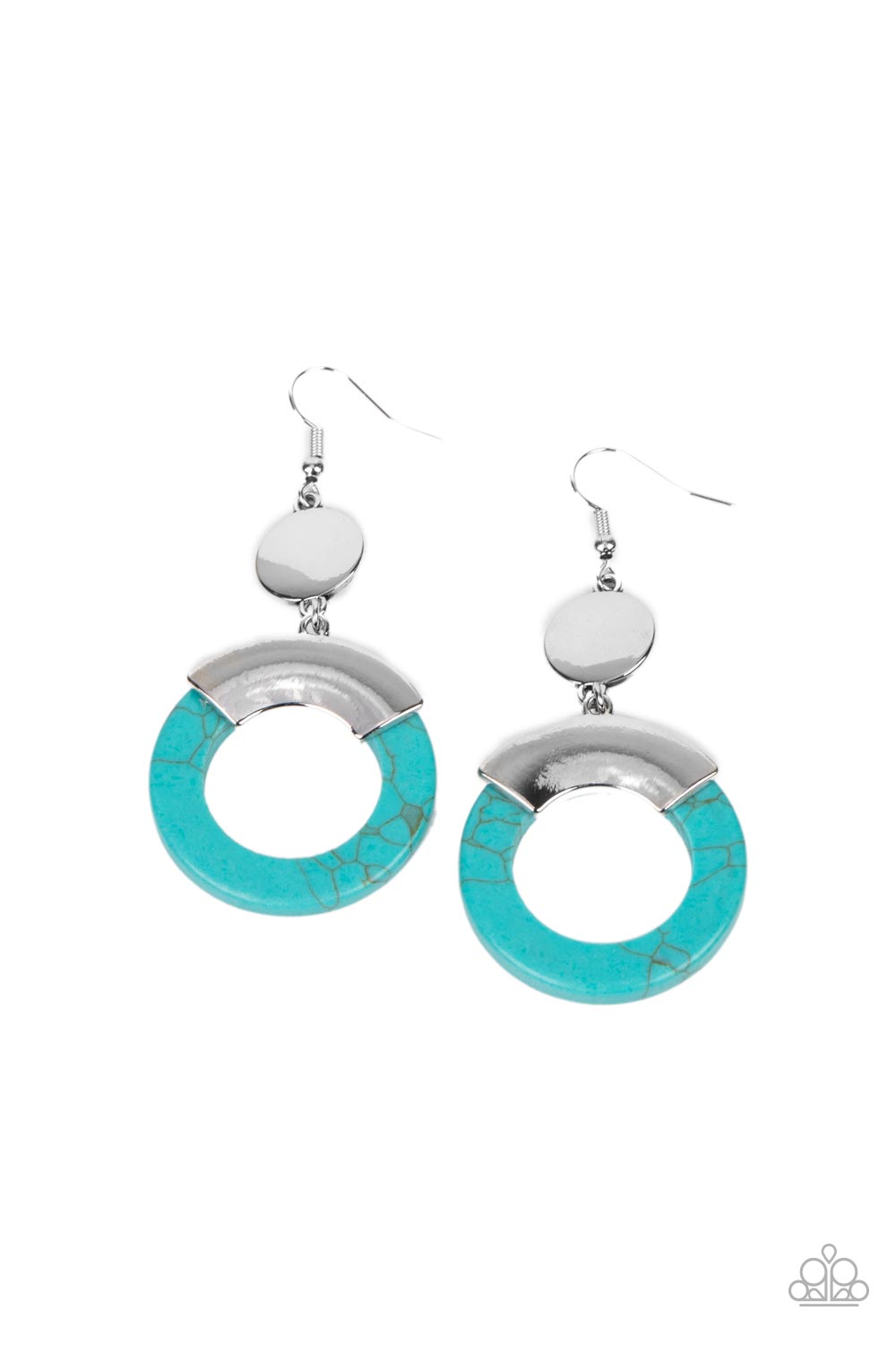 Paparazzi Accessories ENTRADA at Your Own Risk - Blue Earrings capped in a curved silver plate, a refreshing turquoise stone hoop swings from the bottom of a shiny silver disc for an authentic artisan twist. Earring attaches to a standard fishhook fitting. Sold as one pair of earrings.