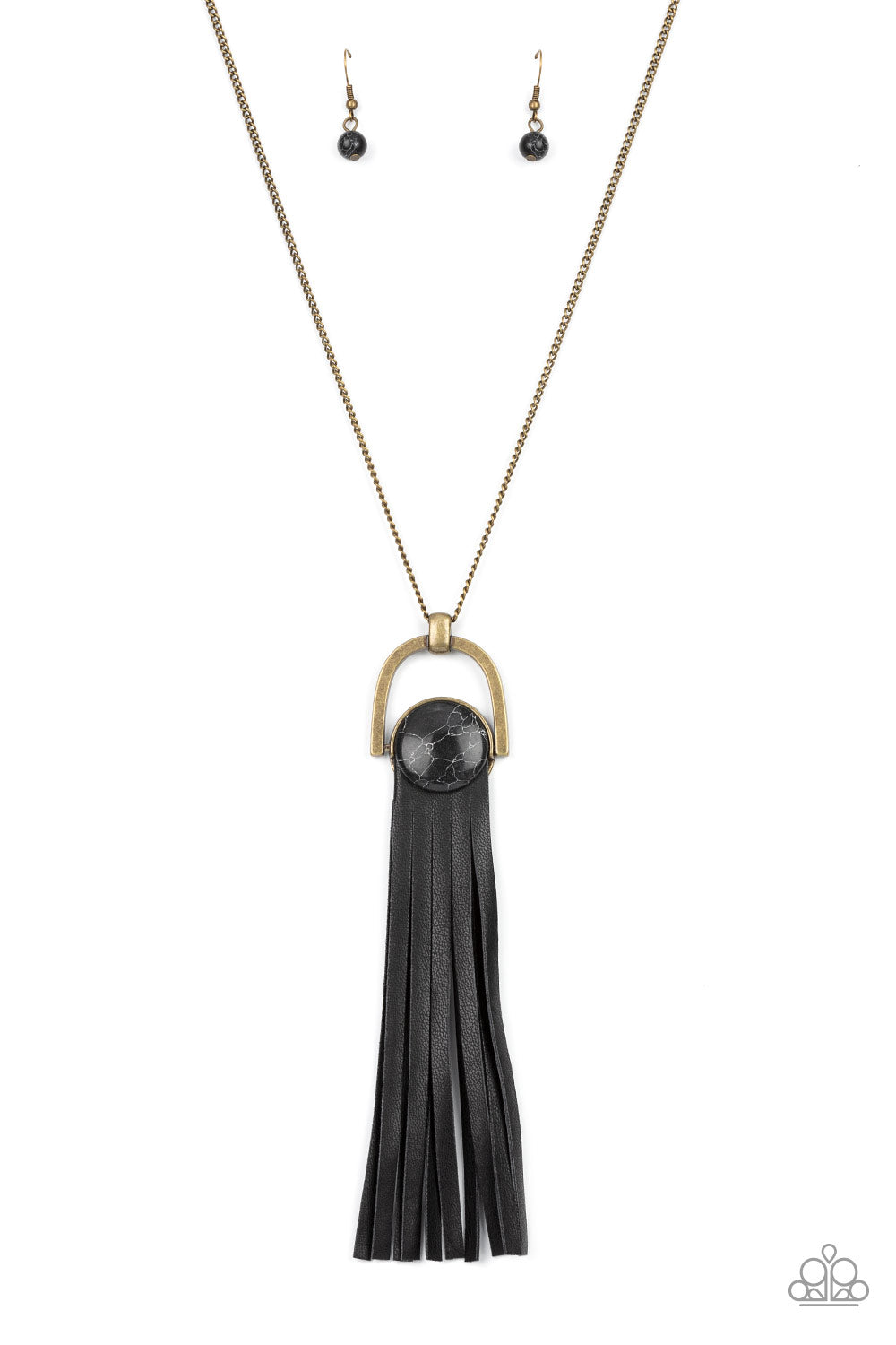 Winslow Wanderer - Brass and Leather Necklaces strips of black leather fan out from the bottom of a round black stone that is threaded along a metal rod that attaches to the bottom of a brass horseshoe frame. The earthy pendant swings from the bottom of an extended brass chain, resulting in a wildly wonderful tassel. Features an adjustable clasp closure. Sold as one individual necklace. Includes one pair of matching earrings.