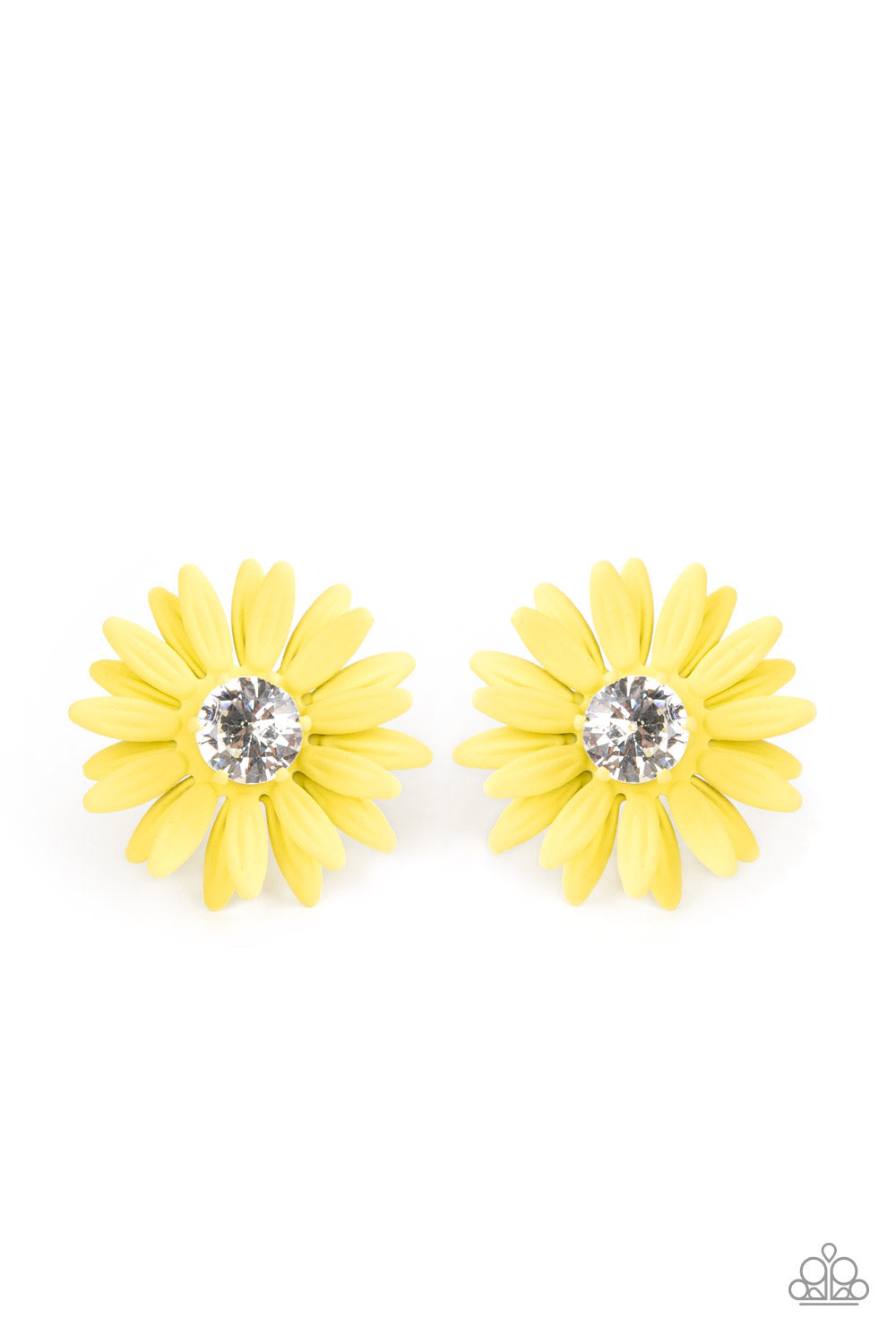 Sunshiny DAIS-y - Yellow Petal Earrings layers of yellow petals fan out from an oversized white rhinestone fitting, blooming into a sparkly floral centerpiece. Earring attaches to a standard post fitting. Sold as one pair of post earrings.