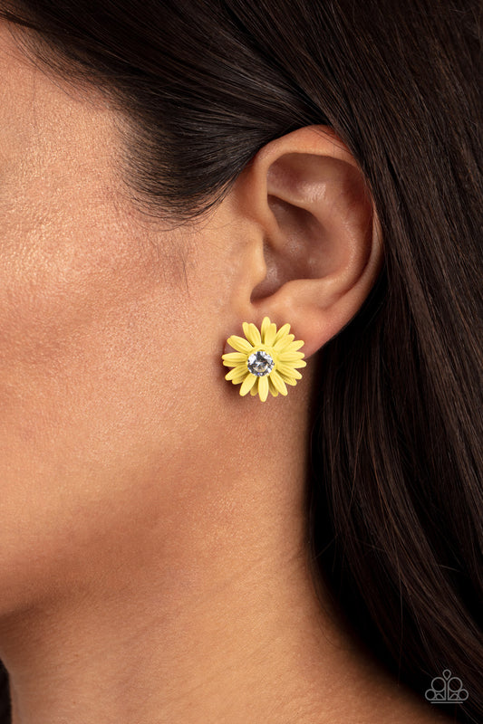 Sunshiny DAIS-y - Yellow Petal Earrings layers of yellow petals fan out from an oversized white rhinestone fitting, blooming into a sparkly floral centerpiece. Earring attaches to a standard post fitting.  Sold as one pair of post earrings.