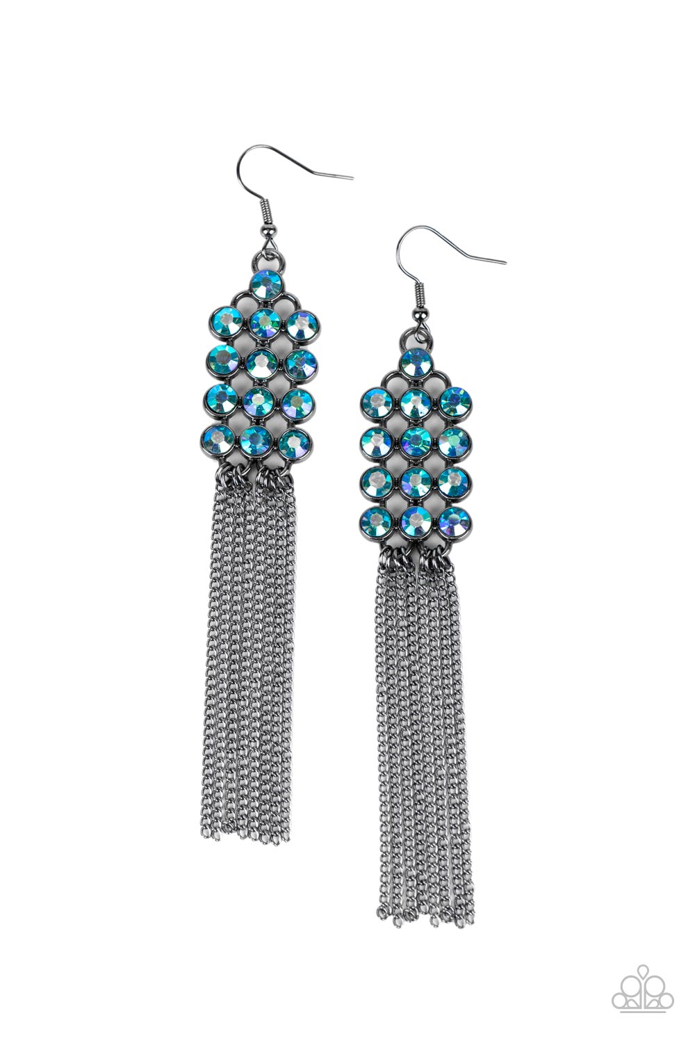 Tasteful Tassel - Multi Oil Spill Earrings encased in sleek hematite fittings, rows of glittery multi-colored oil spill rhinestones stack into a sparkly frame. Dainty gunmetal chains stream from the bottom of the dazzling frame, adding flirtatious movement to the timelessly tasseled display. Earring attaches to a standard fishhook fitting. Sold as one pair of earrings. Paparazzi Jewelry is lead and nickel free so it's perfect for sensitive skin too!