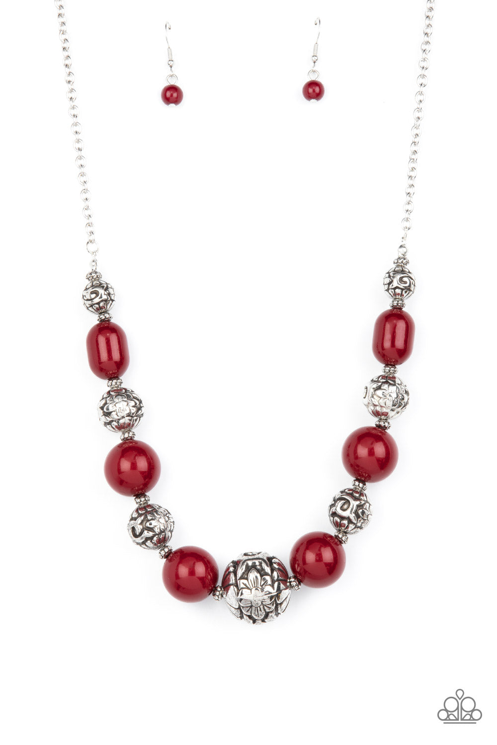 Paparazzi Accessories - Girl Meets Garden - Red Necklaces an oversized collection of wine colored beads and antiqued silver beads wrapped in a whimsical floral motif alternates along an invisible wire below the collar, resulting in a hearty pop of color. Features an adjustable clasp closure.  Sold as one individual necklace. Includes one pair of matching earrings.