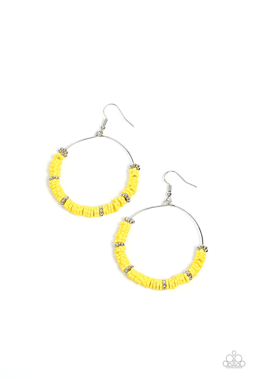 Loudly Layered - Yellow Floral Earrings infused with studded silver floral-shaped rings, a sunny collection of rubbery Illuminating flowers are threaded along a dainty wire hoop for a whimsical pop of color. Earring attaches to a standard fishhook fitting.  Sold as one pair of earrings.
