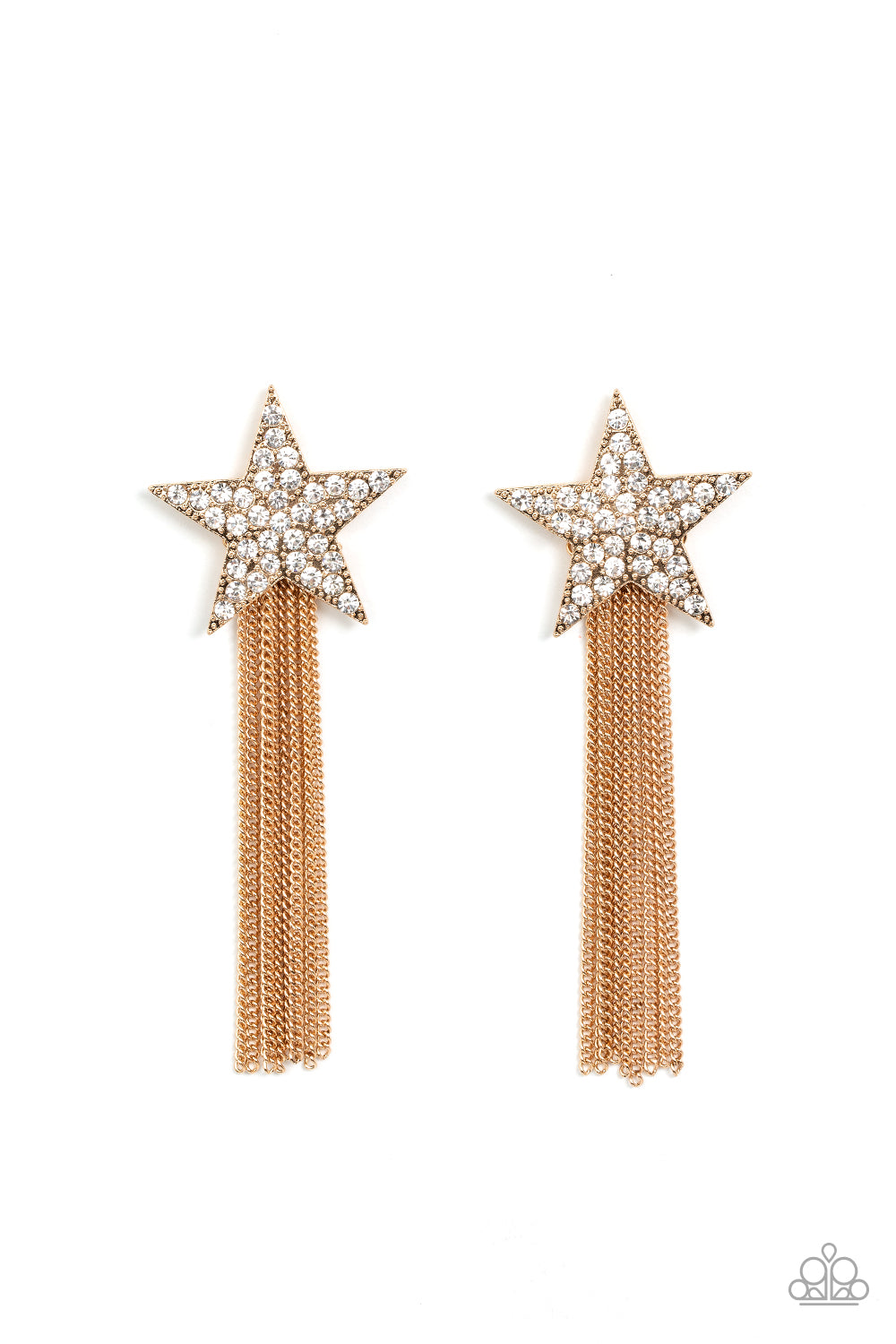 Paparazzi Accessories - Superstar Solo - Gold Star Earrings a curtain of gold chains streams out from the bottom of an oversized gold star encrusted in blinding white rhinestones, resulting in a stellar tassel. Earring attaches to a standard post fitting.  Sold as one pair of post earrings.