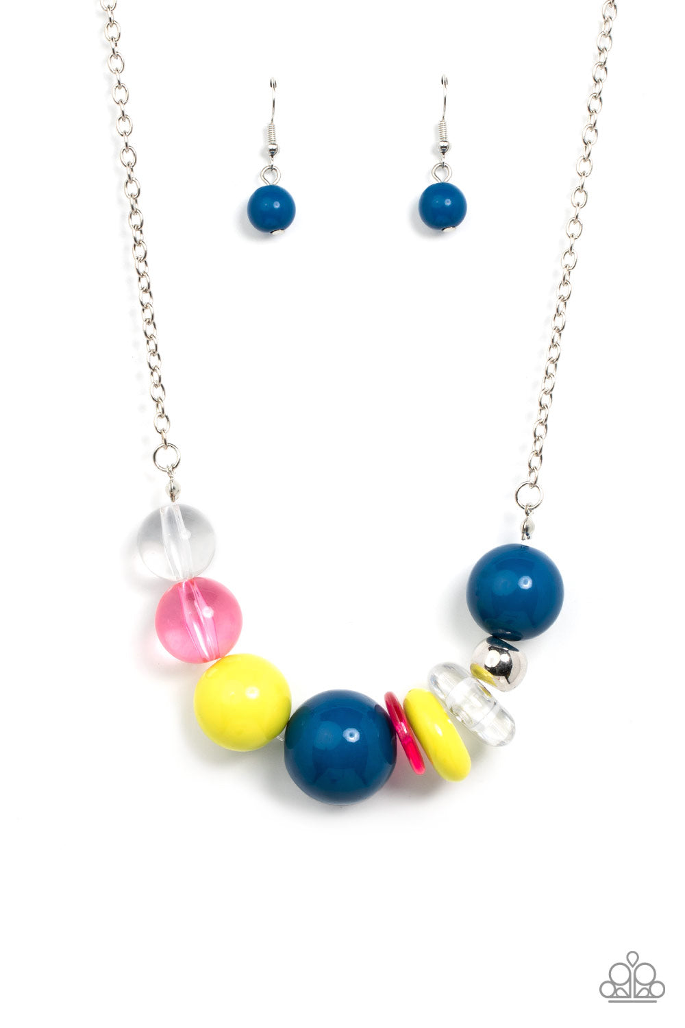 Bauble Bonanza - Multi Bead Necklaces infused with a single silver bead, an oversized collection of glassy and polished acrylic beads and rings are threaded along an invisible wire below the collar for a flamboyant fashion. Features an adjustable clasp closure. Sold as one individual necklace. Includes one pair of matching earrings.