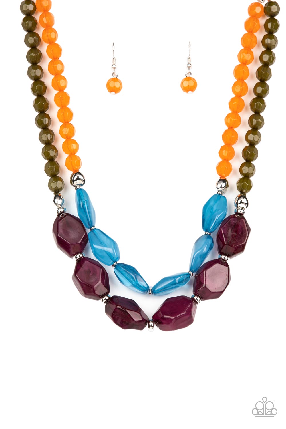 Paparazzi Accessories - Tropical Trove - Purple Necklaces faceted strands of opaque orange and Olive Branch crystal-like beads give way to a colorful assortment of oversized blue and plum crystal-like accents. Shiny silver beads adorn the hearty layers, adding a dash of metallic glitz to the tropical inspired display. Features an adjustable clasp closure.  Sold as one individual necklace. Includes one pair of matching earrings.