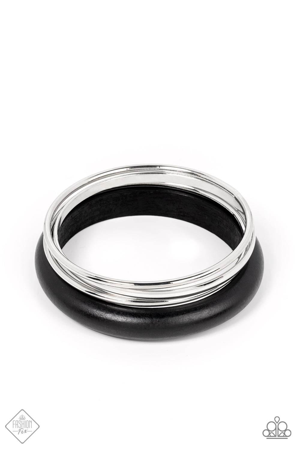 Adventurous Attitude - Black Bangle Bracelets a set of three basic silver bangles stack together with a chunky black wooden bangle for a layered look. Sold as one individual bracelet.