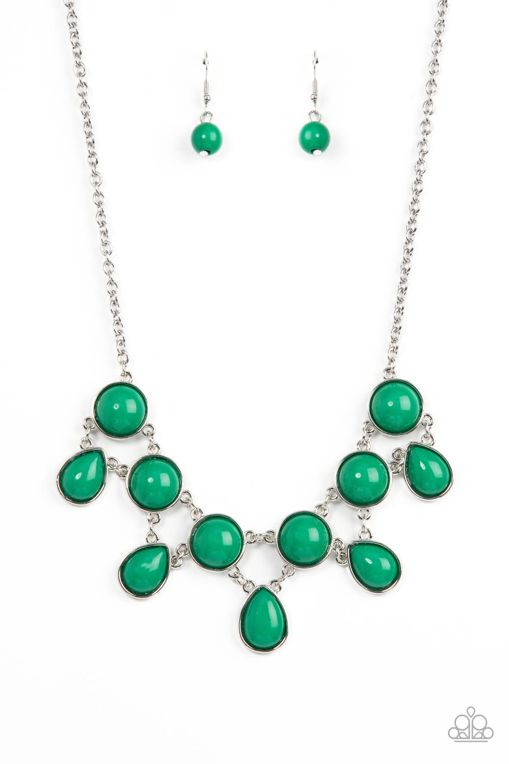 Paparazzi Accessories - Very Valley Girl - Green Necklaces a refreshing collection of Leprechaun teardrop beads links to the bottom row of oversized round Leprechaun beads, interlocking into a glamorous pop of color below the collar. Features an adjustable clasp closure. Sold as one individual necklace. Includes one pair of matching earrings.