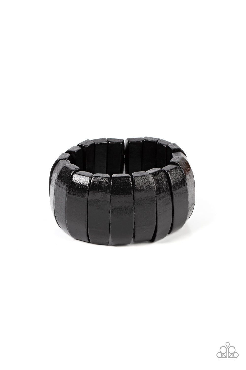 Paparazzi Accessories - Boardwalk Bonanza - Black Wood Bracelets smooth black wooden panels are threaded along stretchy bands to create a tropical vibe as they fall around the wrist.  Sold as one individual bracelet.
