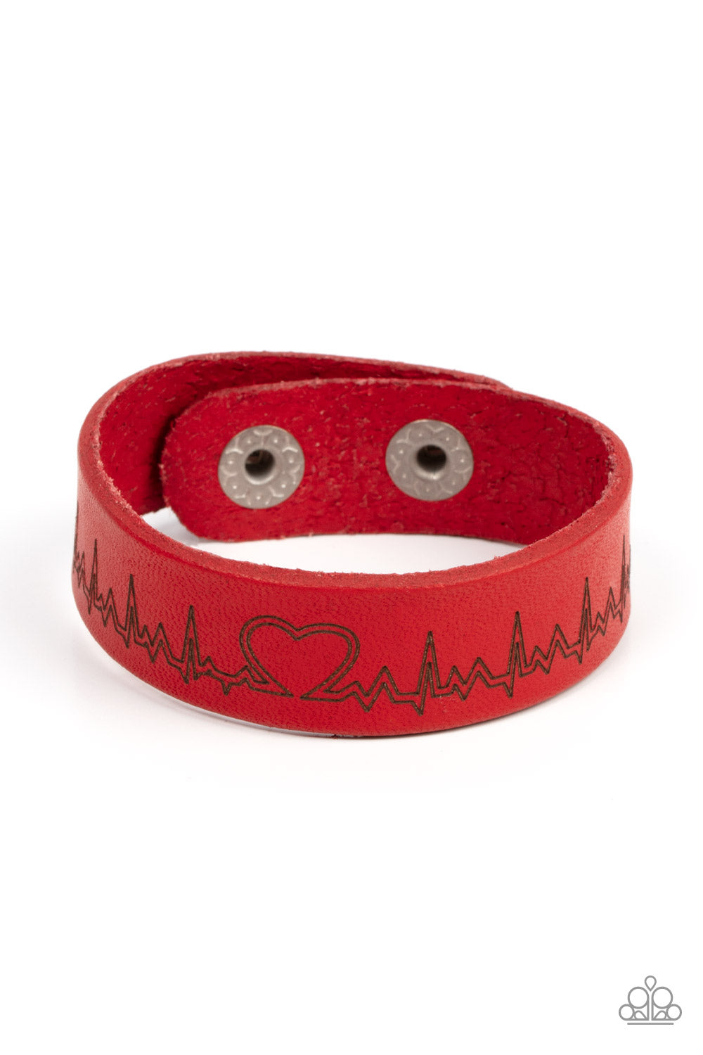 Haute Heartbeat - Red Heartbeat Wrap Bracelets culminating into a heart at the center, a zigzagging pattern reminiscent of a heartbeat is etched across the front of a red leather band around the wrist for a whimsical fashion. Features an adjustable snap closure.  Sold as one individual bracelet.