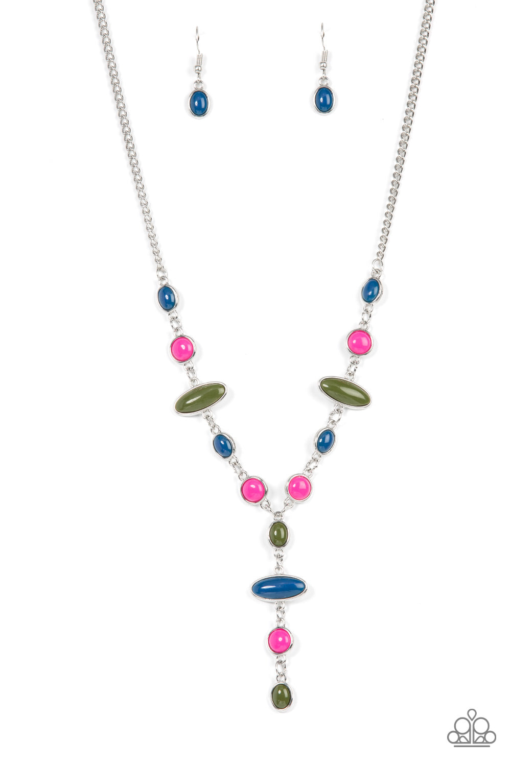 Paparazzi Accessories - Authentically Adventurous - Multi Necklaces encased in sleek silver frames, bubbly Mykonos Blue, Olive Branch, and Fuchsia Fedora oval and round beads link into a colorful display, resulting in a playful extended pendant below the collar. Features an adjustable clasp closure.  Sold as one individual necklace. Includes one pair of matching earrings.