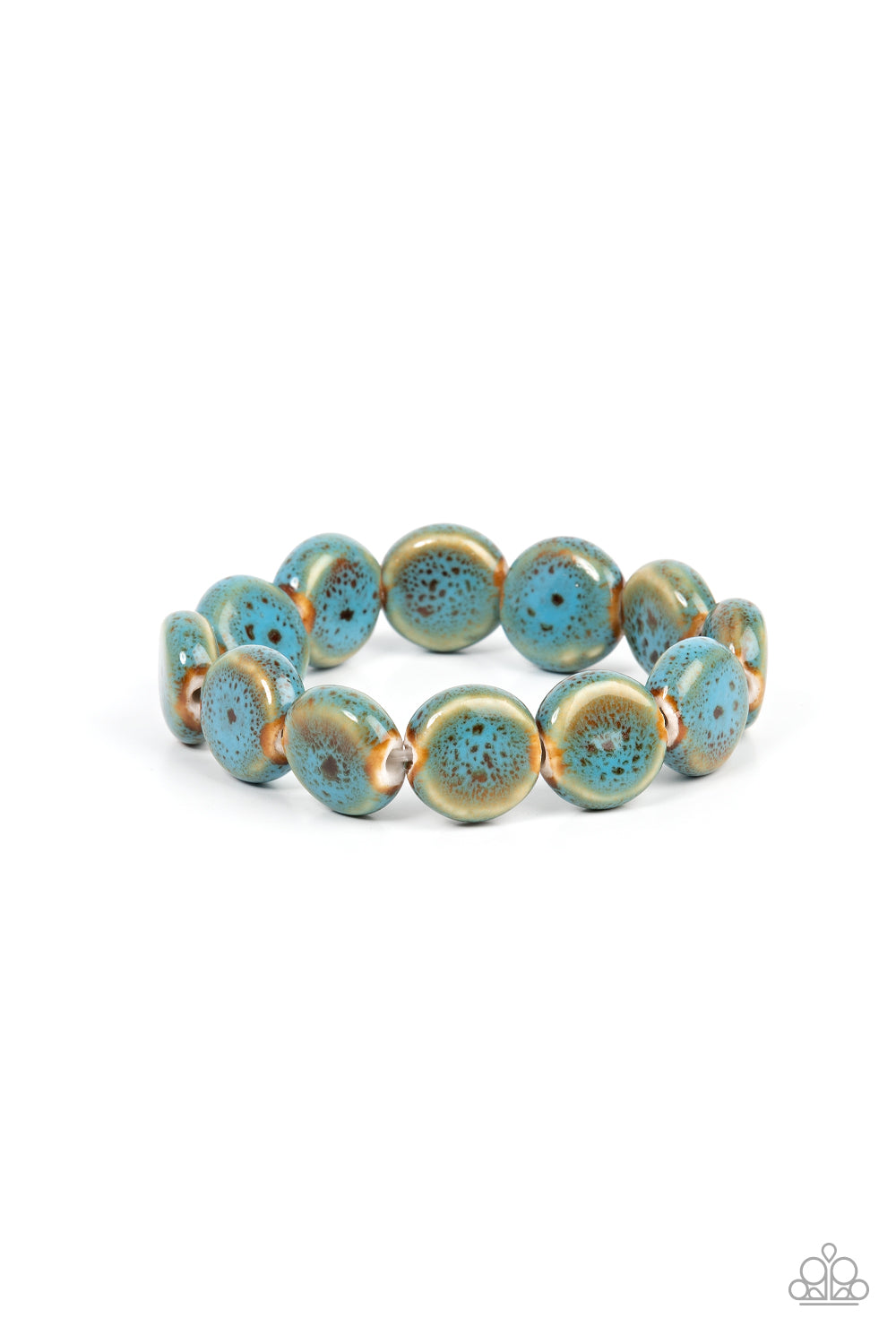 Paparazzi Accessories Earthy Entrada - Blue Stone Bracelets glazed in a distressed blue finish, an oversized collection of ceramic beads are threaded along a stretchy band around the wrist for a rustic fashion. Sold as one individual bracelet.