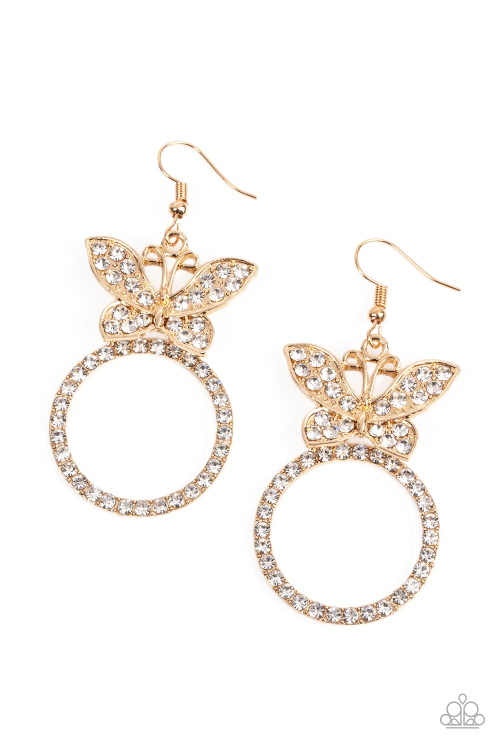 Paradise Found - Gold Rhinestone Butterfly Earrings a white rhinestone encrusted gold butterfly flutters atop a gold ring dotted in matching white rhinestones, resulting in a dazzling statement piece. Earring attaches to a standard fishhook fitting. Sold as one pair of earrings.