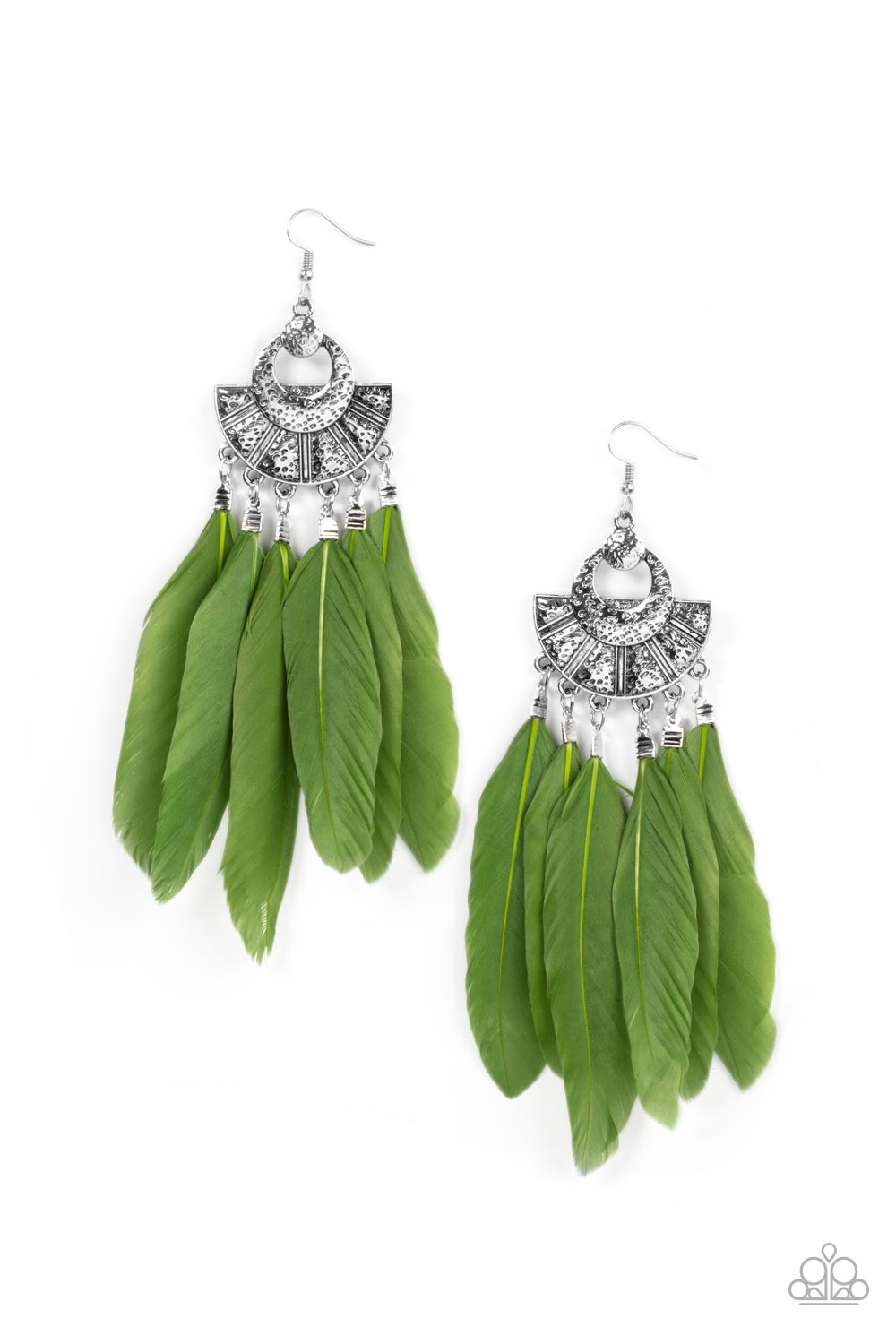 Plume Paradise - Green Feather Earrings oversized green feathers swing from the bottom of an ornately hammered and stacked silver frame, resulting in a flirtatiously colorful fringe. Earring attaches to a standard fishhook fitting. Sold as one pair of earrings.