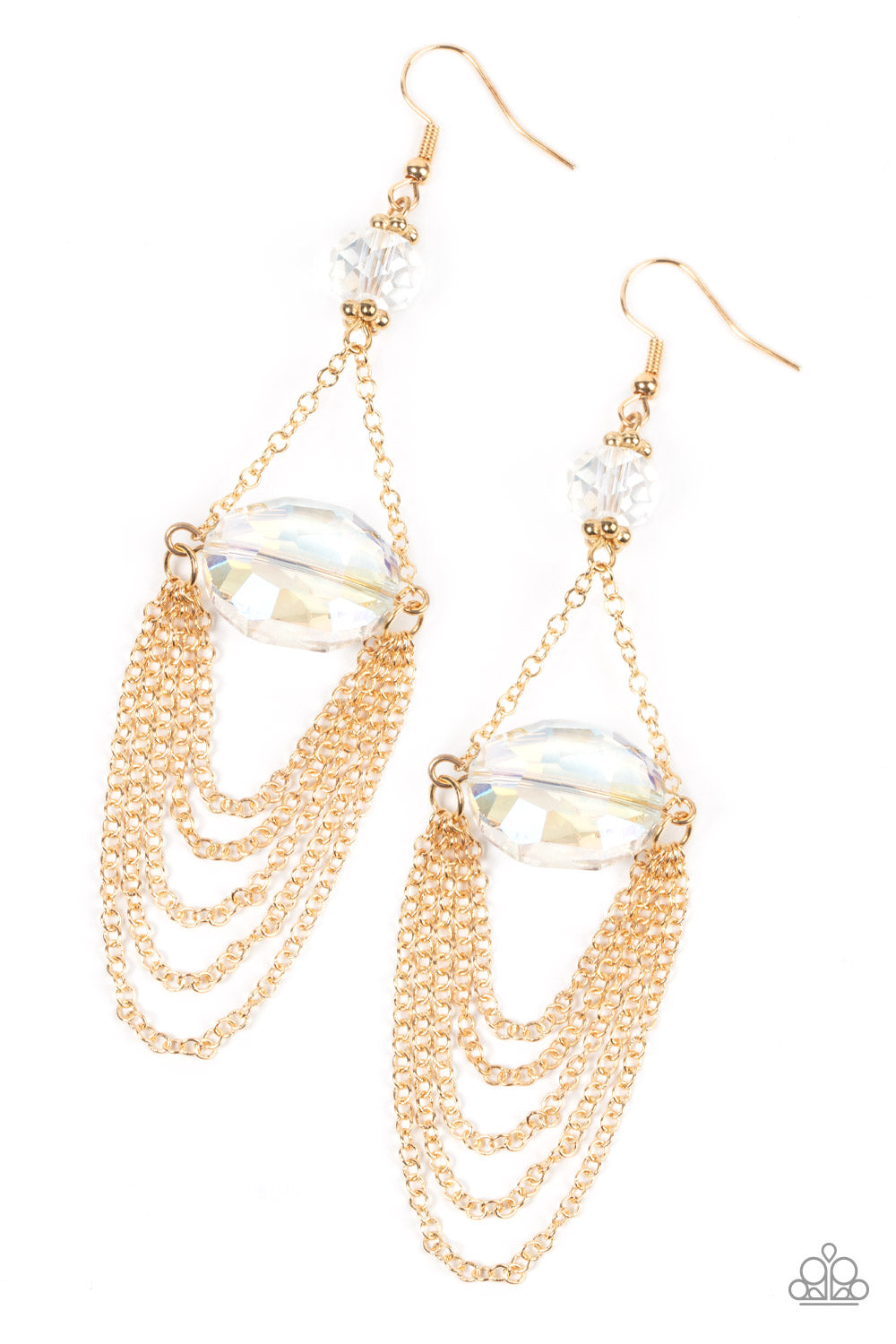 Ethereally Extravagant - Gold Chain Earrings tiers of dainty gold chains delicately layer from an oversized oval iridescent gem that is suspended from a faceted white crystal-like bead, resulting in an ethereal chandelier. Earring attaches to a standard fishhook fitting.  Sold as one pair of earrings.