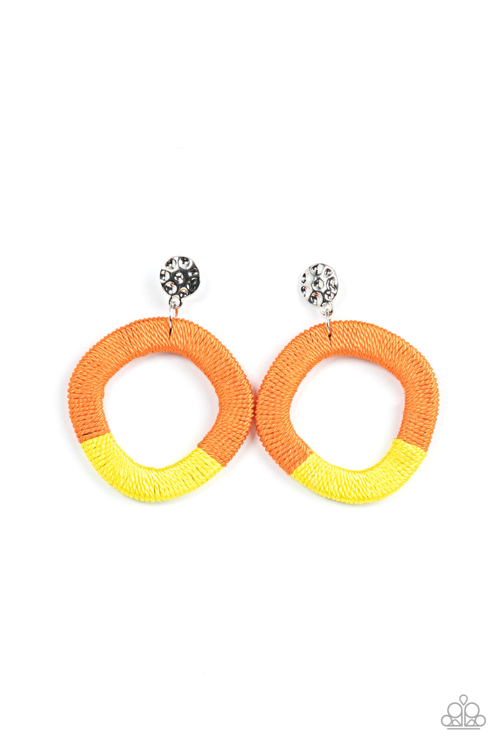 Thats a WRAPAROUND - Multi Threaded Earrings a hammered silver disc gives way to a wooden frame decoratively wrapped in shiny orange and yellow threaded accents, creating a colorful lure. Earring attaches to a standard post fitting.  Sold as one pair of post earrings.