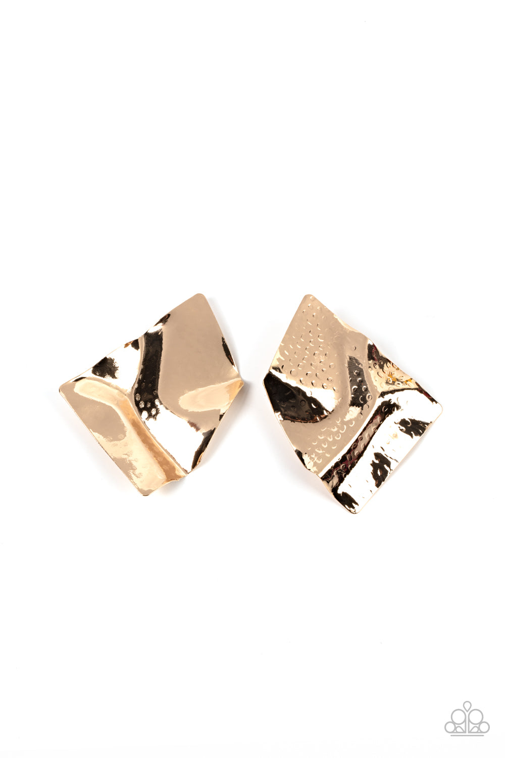 Paparazzi Accessories Modern Maverick - Gold Geometric Earrings an oversized gold plate is meticulously hammered in a geometric pattern as it ripples from the ear, resulting in a statement-making shimmer. Earring attaches to a standard post fitting. Sold as one pair of post earrings.