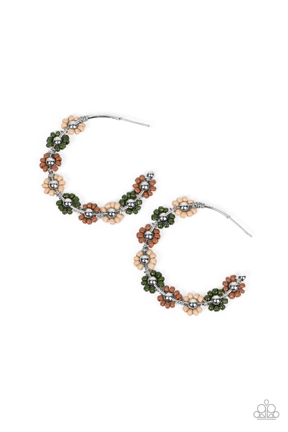 Paparazzi Accessories - Growth Spurt - Green Hoop Earrings adorned with shiny silver beaded centers, a dainty collection of taupe, brown, and Olive Branch seed beaded rings create earthy flower accents along a classic silver hoop for a grounding floral display. Earring attaches to a standard post fitting. Hoop measures approximately 1 1/2" in diameter.  Sold as one pair of hoop earrings.