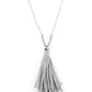 Paparazzi Accessories - A Clean Sweep - Silver Tassel Necklaces an exaggerated Ultimate Gray leather tassel flares out from the bottom of a stack of silver beads knotted in place at the bottom of shiny Ultimate Gray cording, resulting in a dramatically rustic pendant. Features an adjustable clasp closure.  Sold as one individual necklace. Includes one pair of matching earrings.